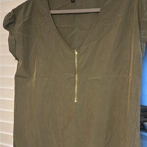 Express Olive Green V-Neck Short Sleeve Top with Gold Zip